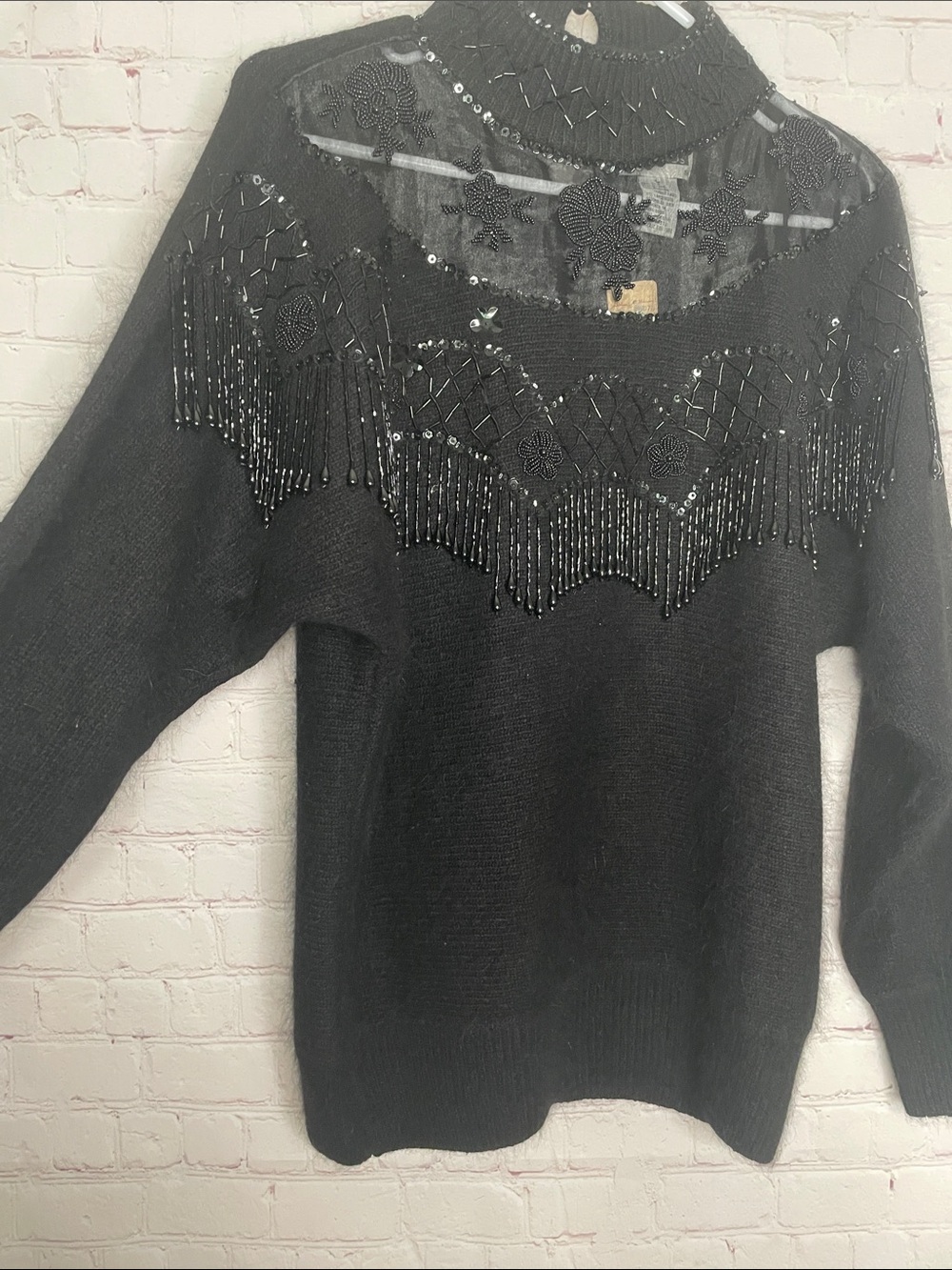 Vintage Gantos Silk Rabbit Hair Lambswool Blend Black Beaded Mesh Large Sweater